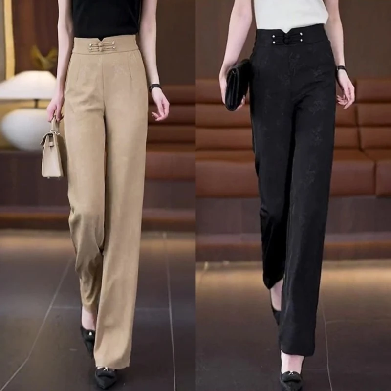 新中式暗花新款女盘扣垂感窄版直筒裤高腰显瘦复古休闲洋气阔腿裤