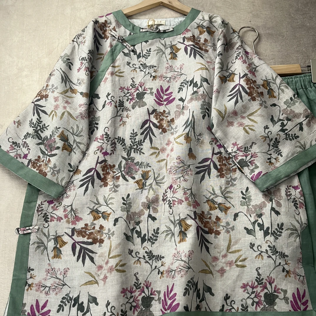 秋季新款文艺复古加厚苎麻数码印花盘扣全侧开中长款茶服