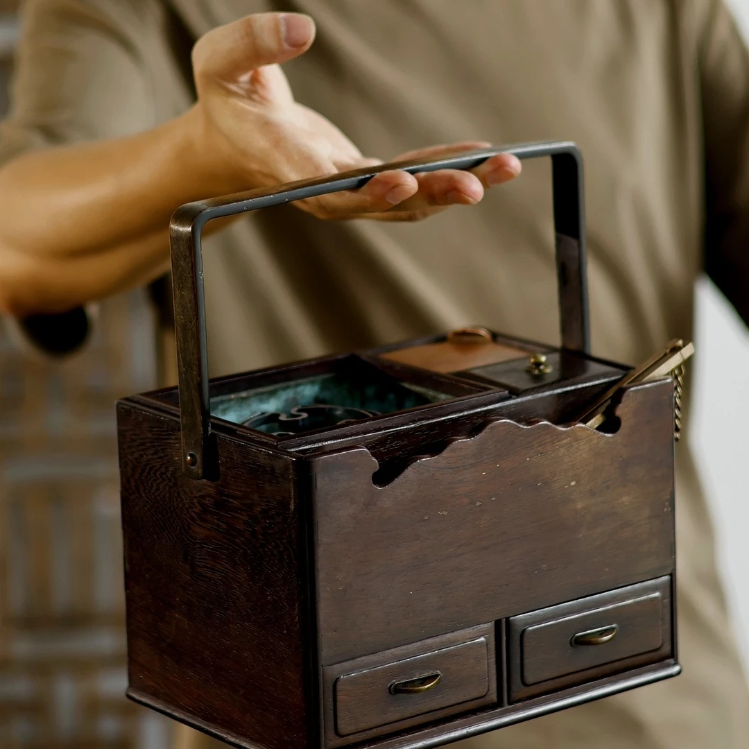 日本旧藏红木掌柜形手炉茶炉烧碳温茶带铜胆两抽屉长22宽15高15cm