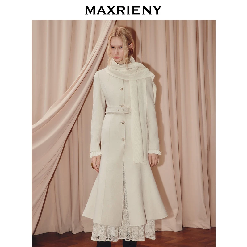 MAXRIENY法式复古双面呢羊毛大衣女25秋款收腰鱼尾围巾外套长款