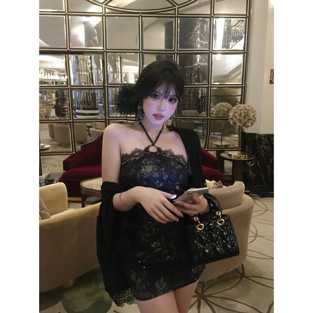 现货MengFairy【墨玉轻霜】新中式挂脖连衣裙5119M+蕾丝披肩5065M