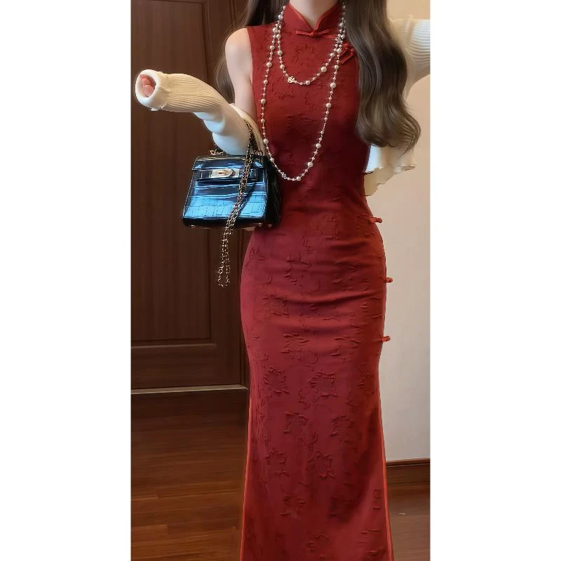 运补6   新中式国风复古红色改良旗袍连衣裙无袖开衩修身气质长裙