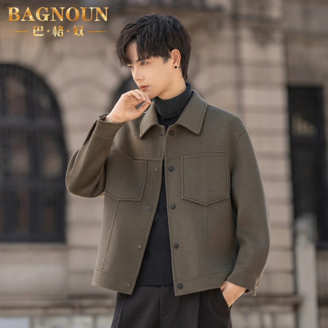 巴格奴夹克男士秋冬季新款时尚高端华夫格双面呢加厚羊毛翻领外套