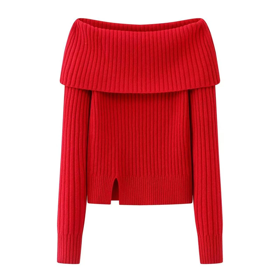 艾家2026春季新款圣诞新年红显瘦一字肩针织衫女4159