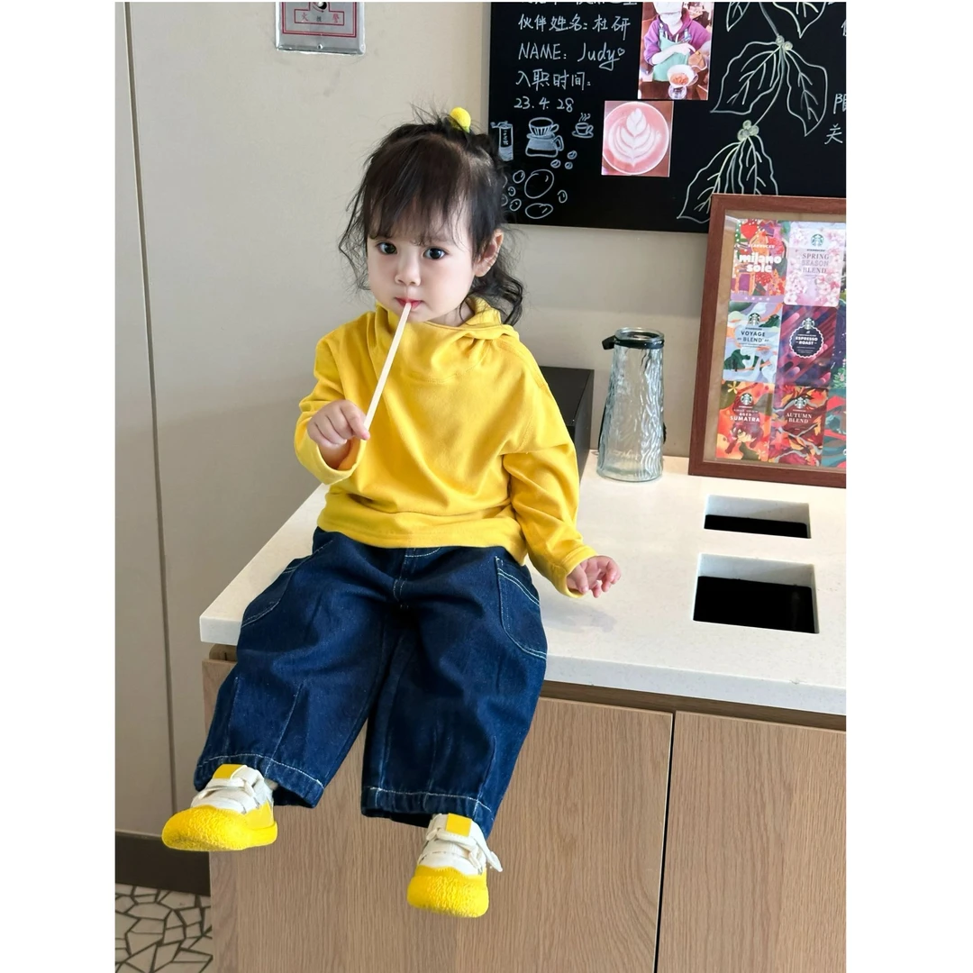 壹妈韩版童装女童秋装套装洋气儿童女宝宝时髦黄色连帽卫衣牛仔裤
