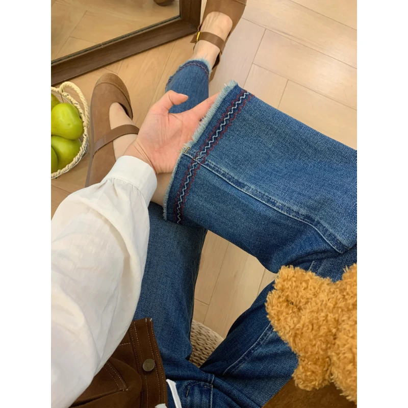 蓝色九分直筒牛仔裤女秋季新款胖mm梨形身材高腰小个子毛边阔腿裤