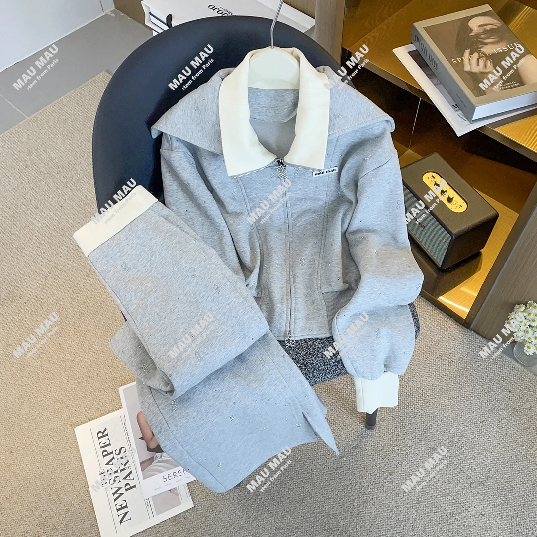 2025冬新款高端女装格雷系拼接翻领卫衣休闲阔腿裤两件套DY9264