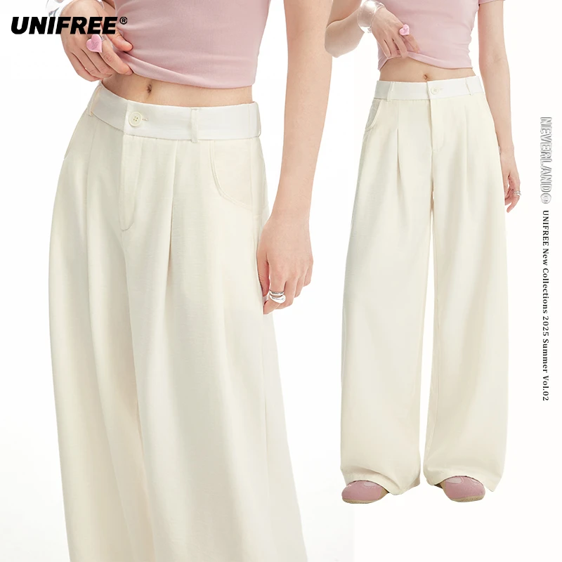 unifree【25年夏】白色新款休闲裤美式松弛宽松高腰阔腿拖地长裤