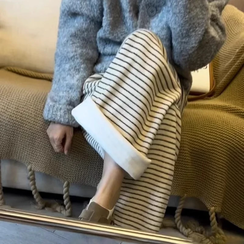 加绒加厚条纹毛巾裤女秋冬高腰显瘦直筒裤小个子垂感休闲阔腿裤子