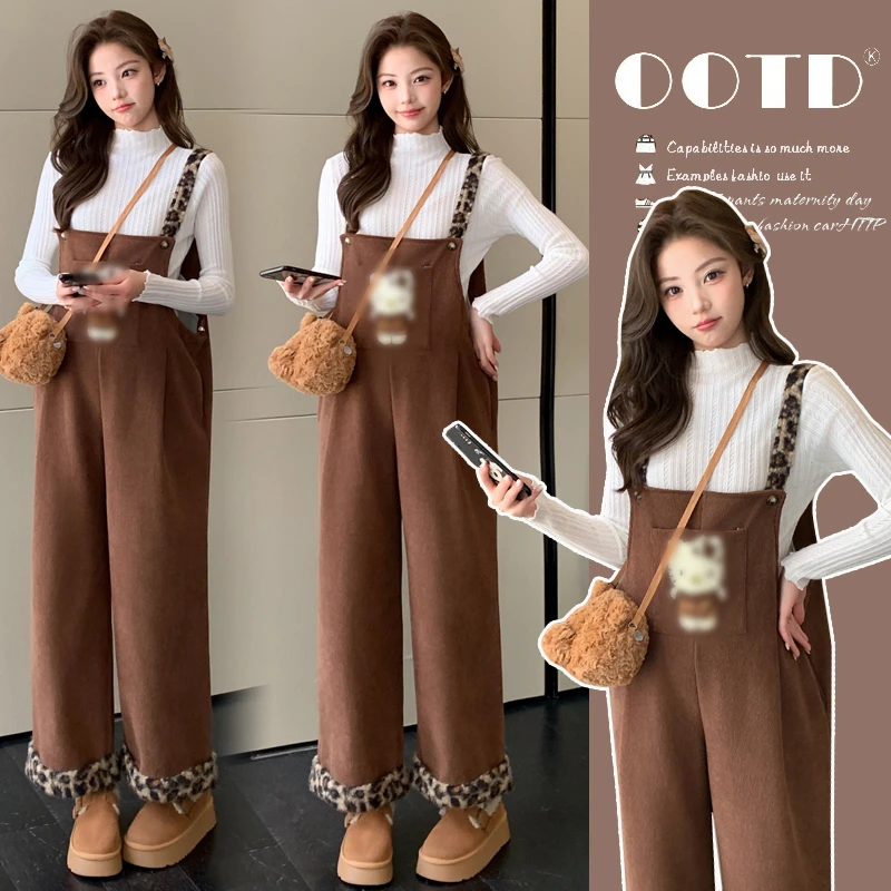 孕妇装秋冬新款针织打底卡通孕妇加绒时尚背带裤孕妇套装春秋显瘦