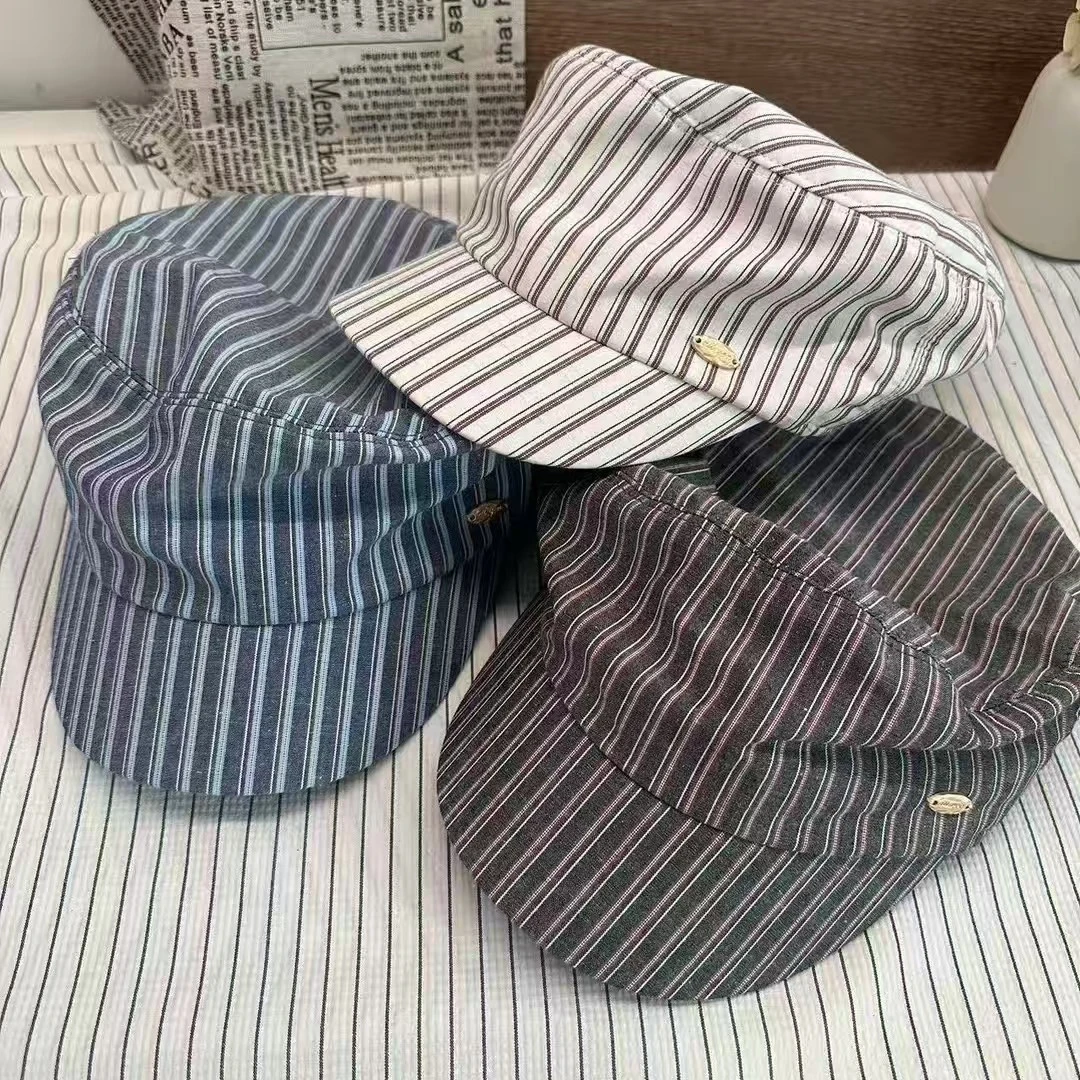 日系休闲白色条纹鸭舌帽女春秋季舒适纯棉透气遮阳帽百搭报童帽