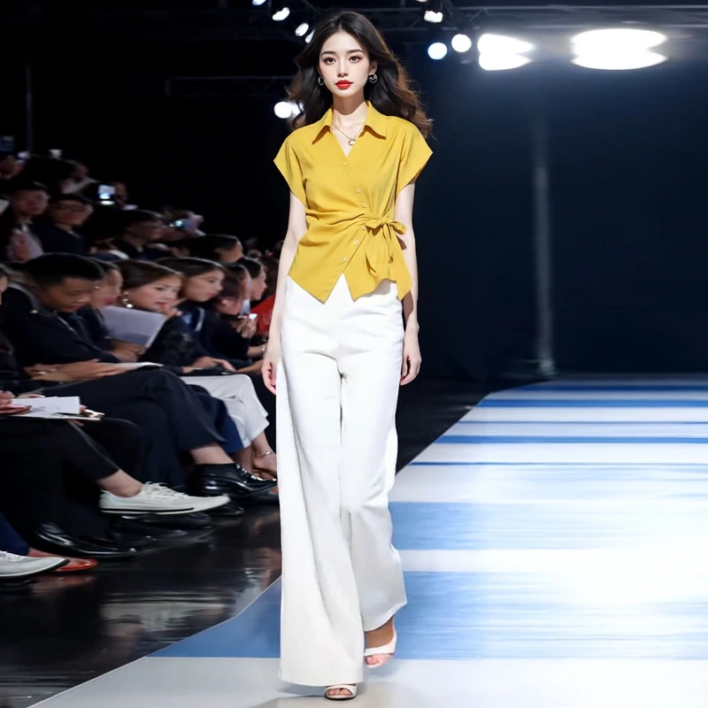 时尚套装女夏季新款时髦洋气不规则系带上衣阔腿裤气质两件套