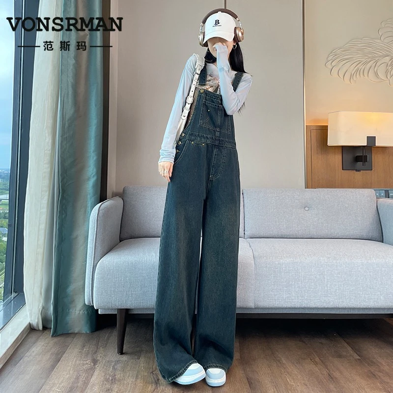 VONSRMAN复古阔腿牛仔背带裤女春秋季宽松直筒显瘦慵懒风减龄气质