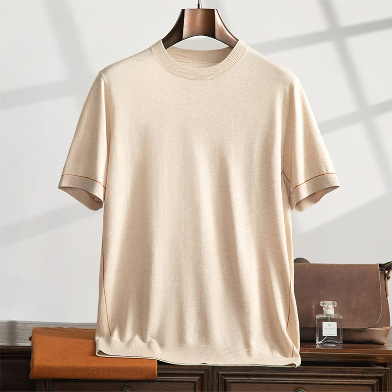 男士夏季精纺薄款超细桑蚕丝短袖T恤圆领休闲时尚丝毛绒针织半袖
