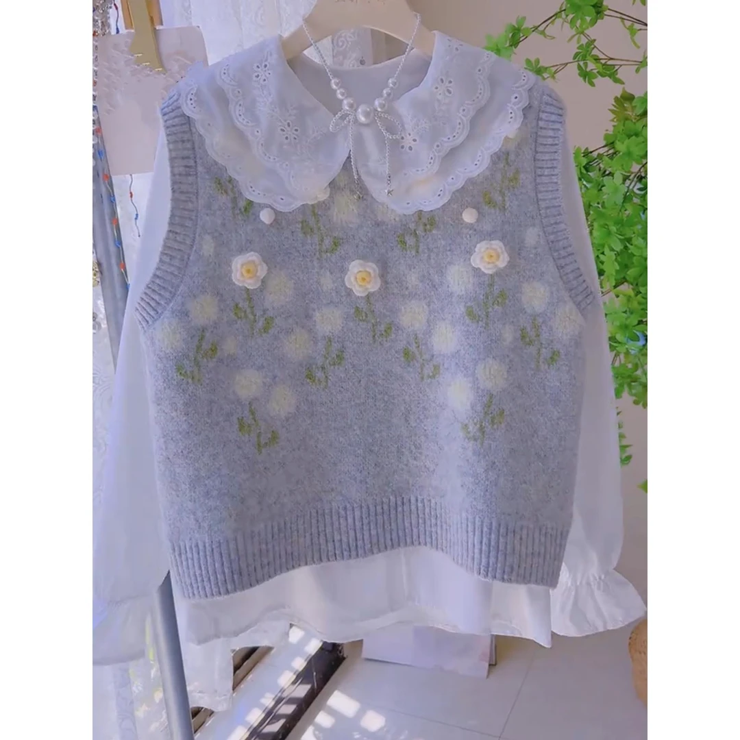 圆领时尚立体花朵针织衫背心马甲春秋款衬衫超好看毛衣女减龄打底