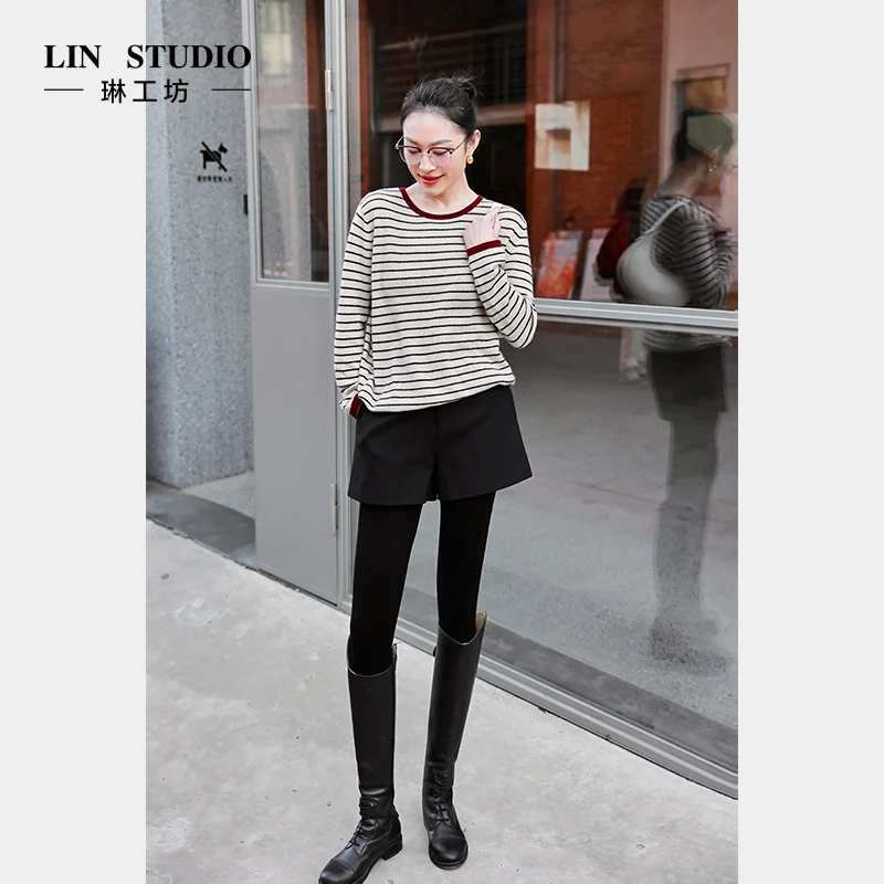 【100%山羊绒】琳工坊潇潇杏黑条纹针织衫百搭复古休闲唐琳设计师