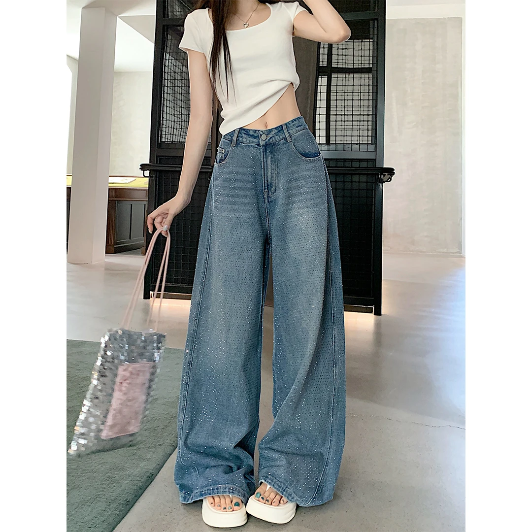大码设计感满天星亮钻牛仔裤女2025夏街头做旧水洗闪闪阔腿拖地裤