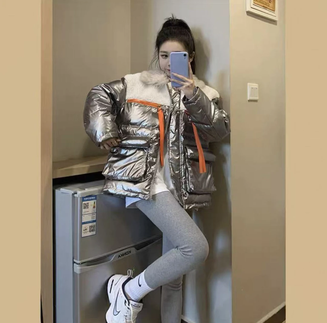 386  GZ亮面羽绒棉服2025新款女时尚爆款加厚短款拼接设计感