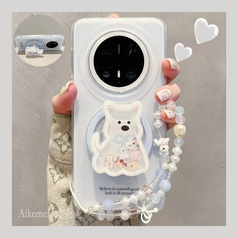 适用华为mate70pro+手机壳泼墨英文Mate60pro+小狗摇摇乐磁吸支架