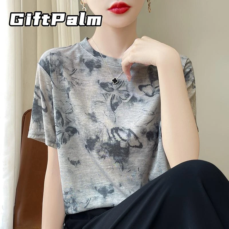 GiftPalm夏季时尚渲染印花短袖t恤女圆领薄款针织衫简约正肩上衣