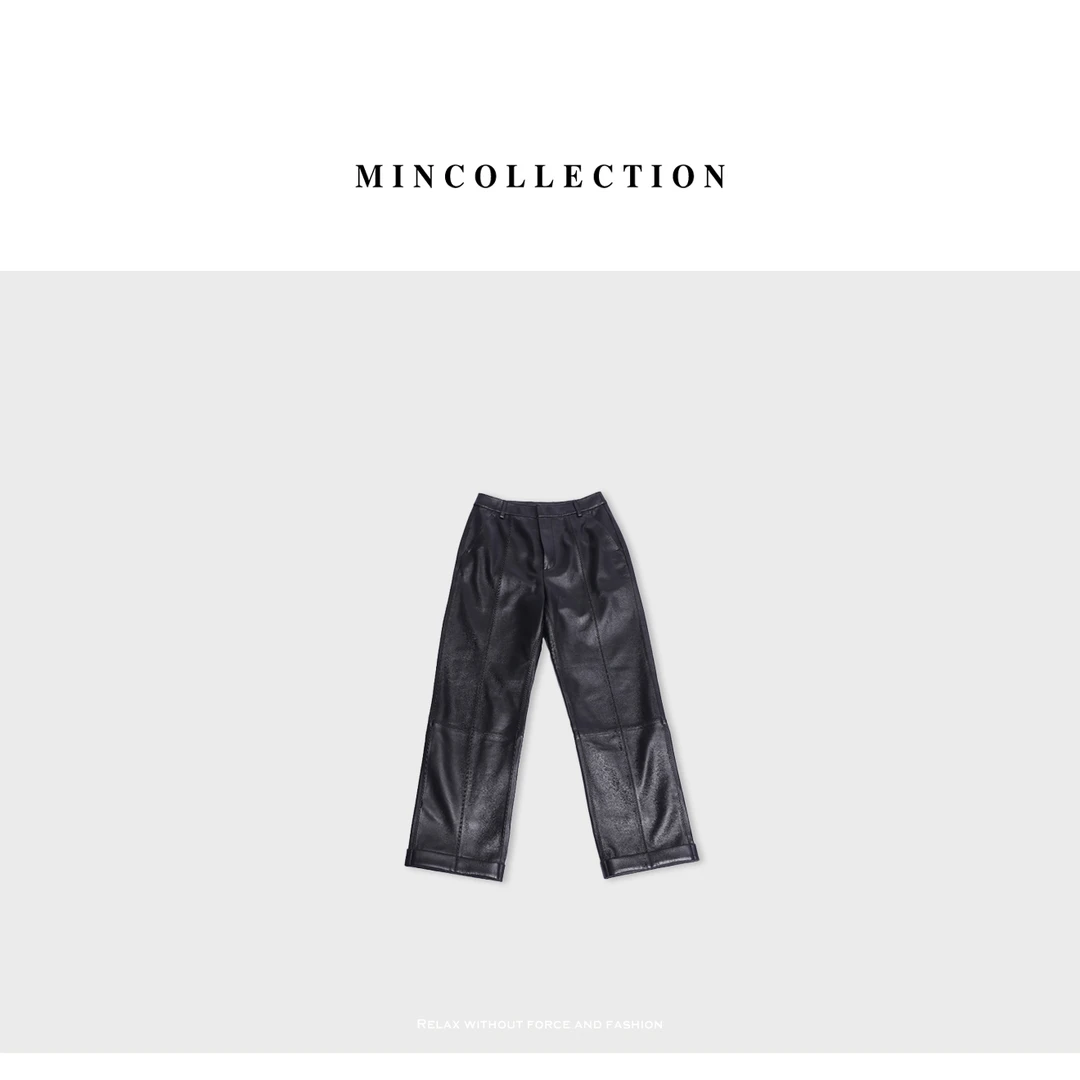 DE Mincollection翻边皮裤/解构分割显瘦烟管绵羊皮九分皮裤40422