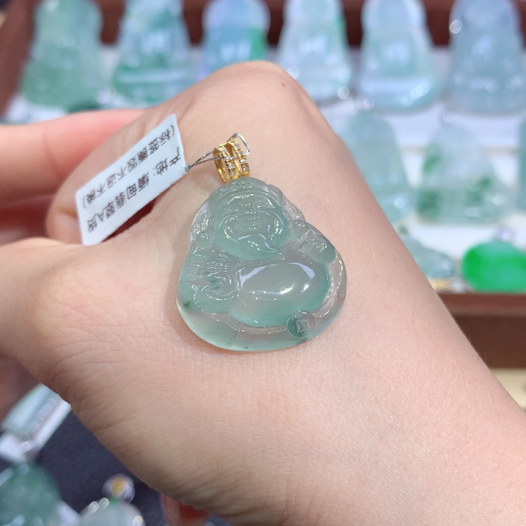 吊坠(不含链)18K金镶嵌翡翠天然缅甸A货翡翠揭阳工财神爷