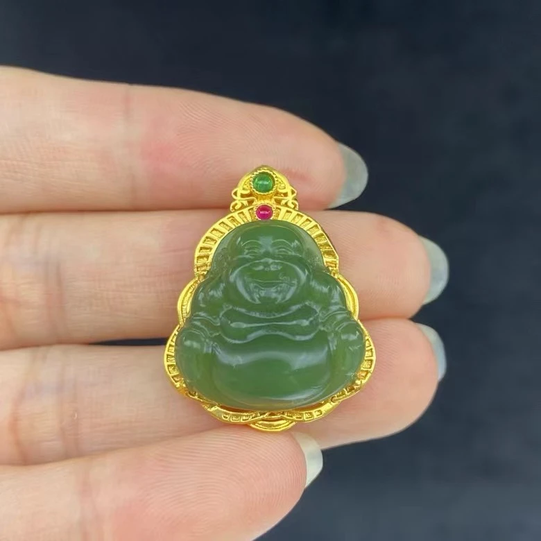 【同庆珍品】18k金和田玉碧玉佛公吊坠 不含链 Y01