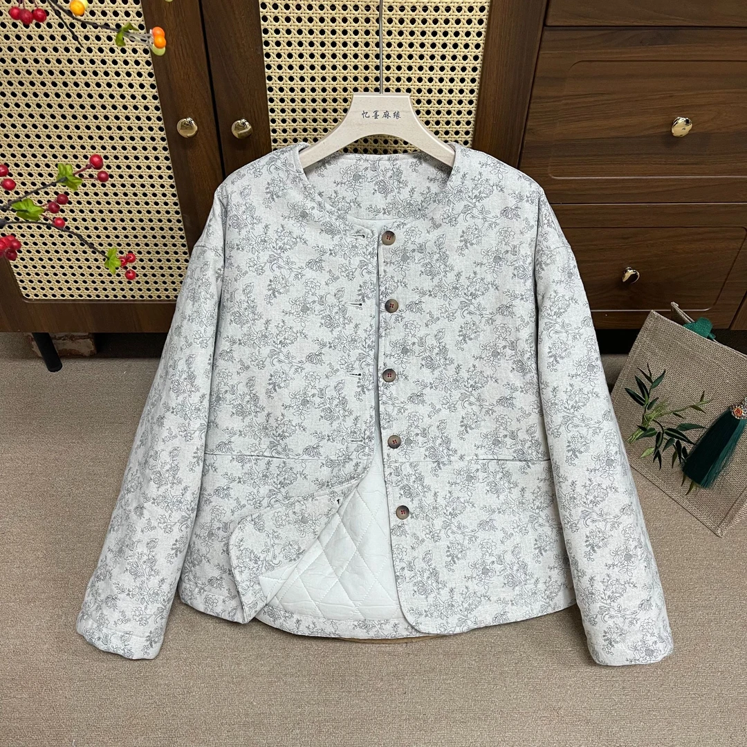 【清浅】秋冬新100汉麻圆领印花棉服文艺复古宽松显瘦开襟棉衣51001