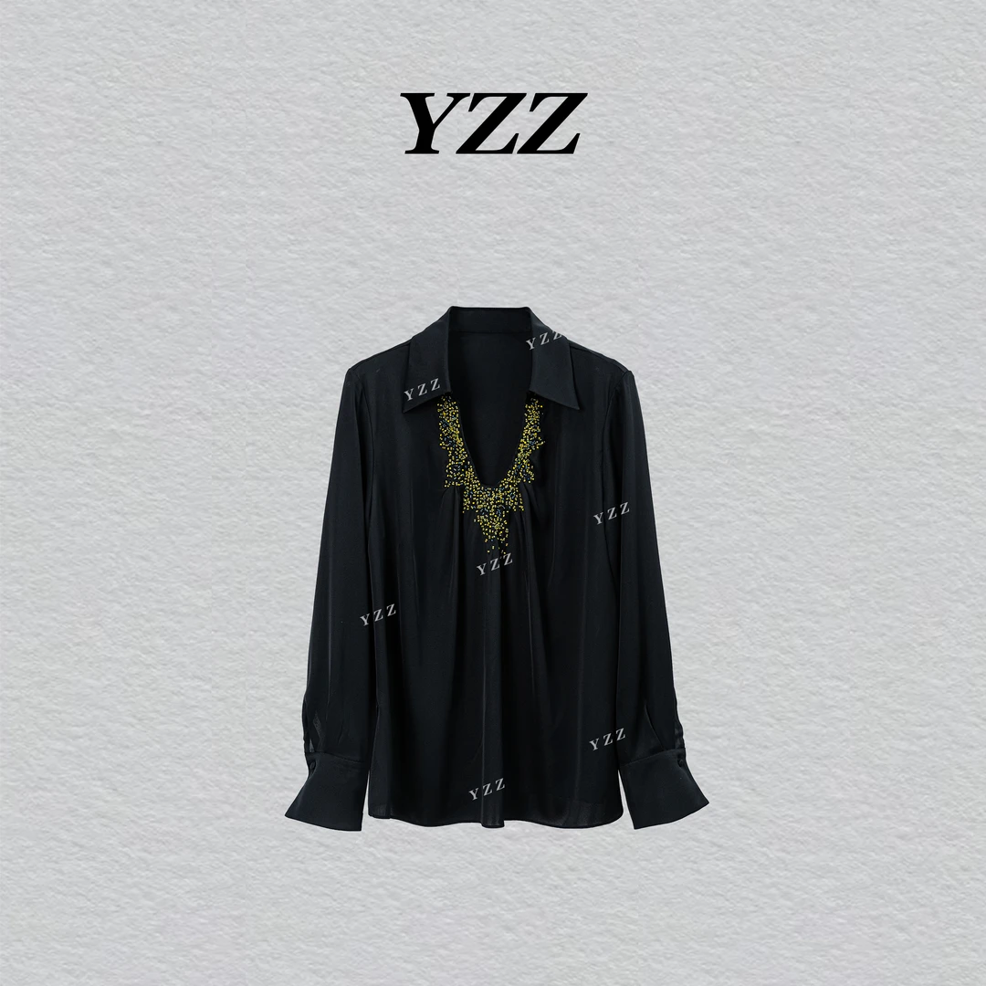 YZZ “金丝雀”重磅桑蚕丝V领钉珠宽松长袖衬衫 811081