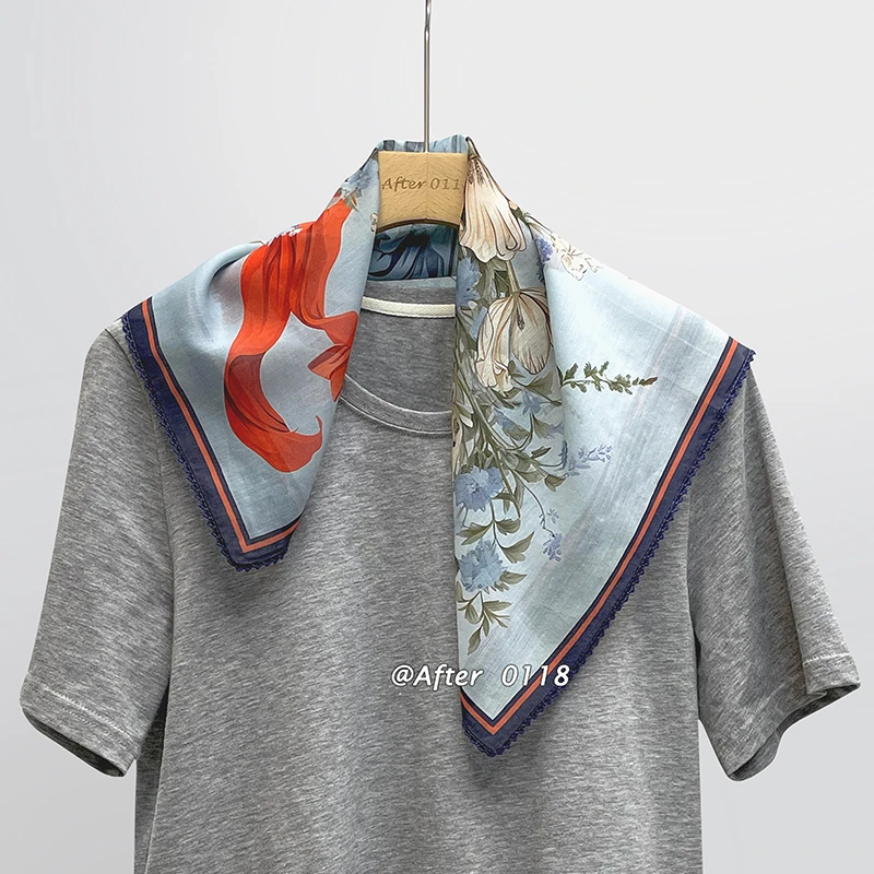 After 渐变花卉乐园 蓝色花束夏日优雅丝棉真丝桑蚕丝丝巾小方巾
