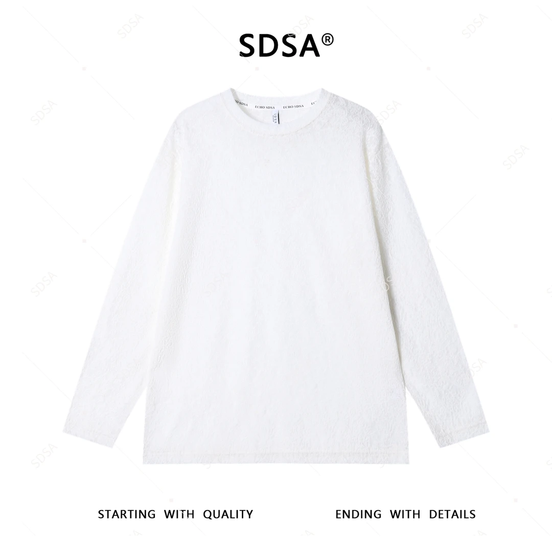 SDSA秋季新款男士痞帅简约纯色暗纹提花圆领长袖T恤百搭宽松上衣