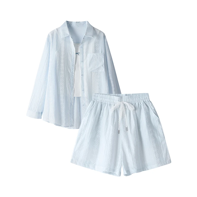 夏季穿搭一整套女新款休闲百搭吊带衬衫短裤防晒休闲三件套装2189