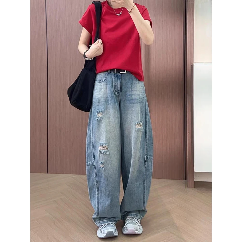 大码破洞阔腿牛仔裤女2025新款夏季薄款胖mm显瘦宽松直筒弯刀裤子