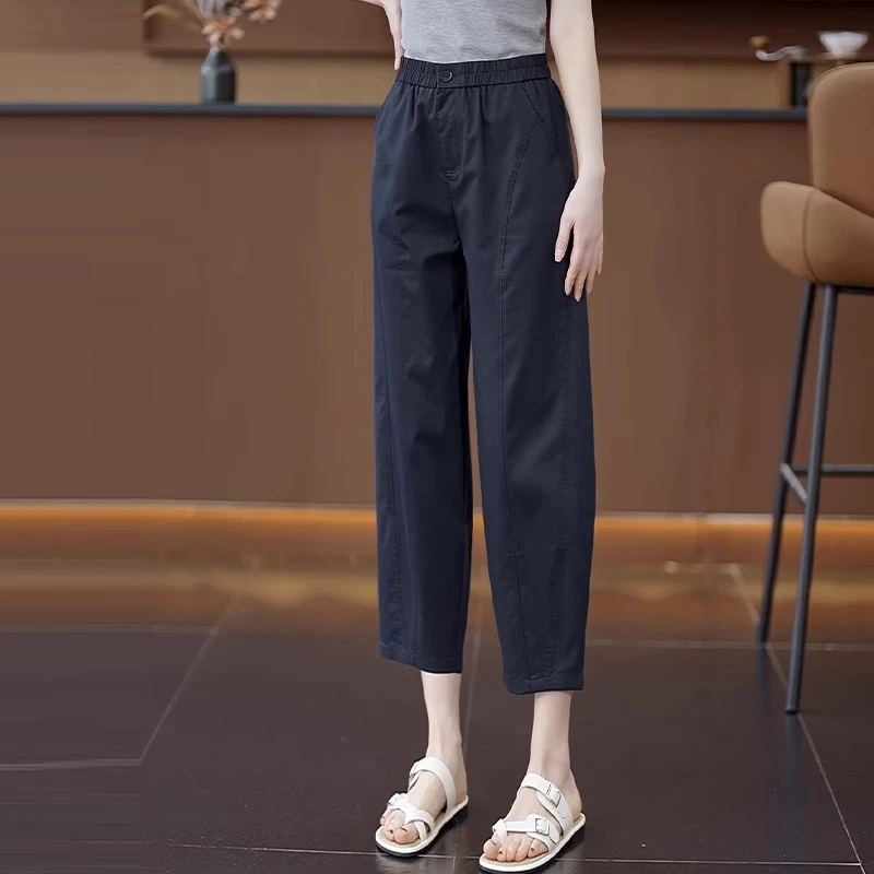 弹力松紧腰小脚哈伦休闲裤女2025年夏季薄款时尚百搭天丝九分裤子