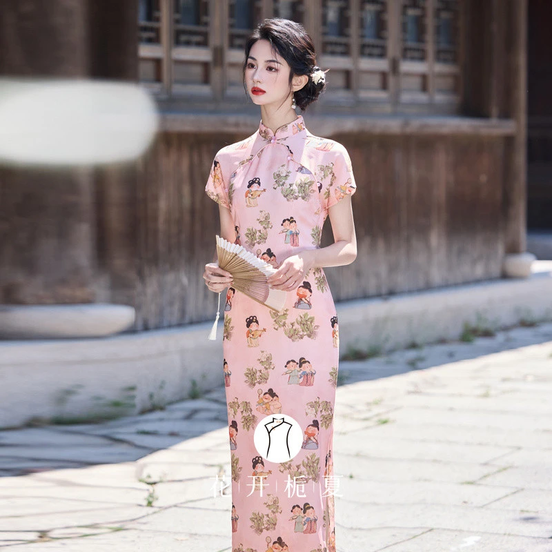 《粉色物语》新中式国风粉色小唐人印花旗袍温柔少女连衣裙