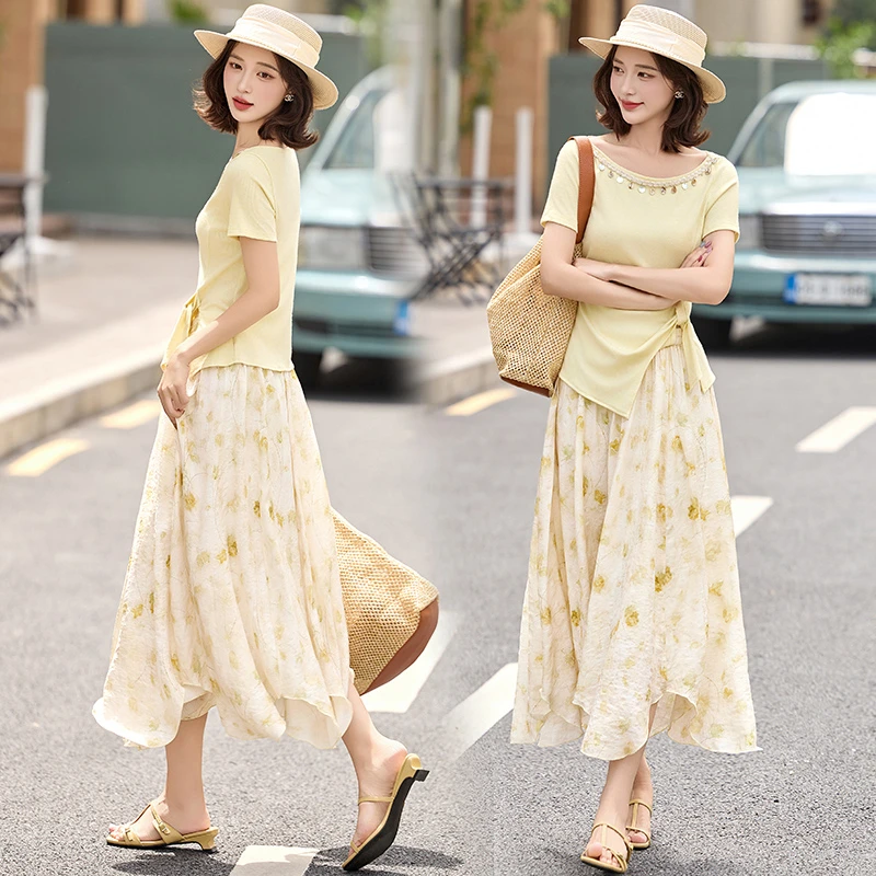 显瘦减龄百褶气质收腰舒适店铺2025洋气新款一字肩短袖两件套不t