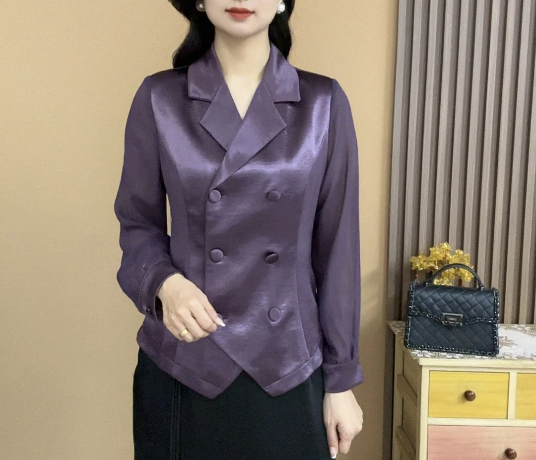 2025秋季长袖V领缎面时尚气质百搭显瘦开衫扣子上衣中式小衫513