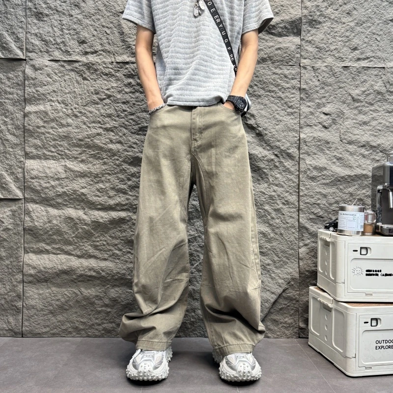 日系宽松弯刀裤2025男士牛仔裤小众设计感直筒裤拖地裤宽松阔腿裤