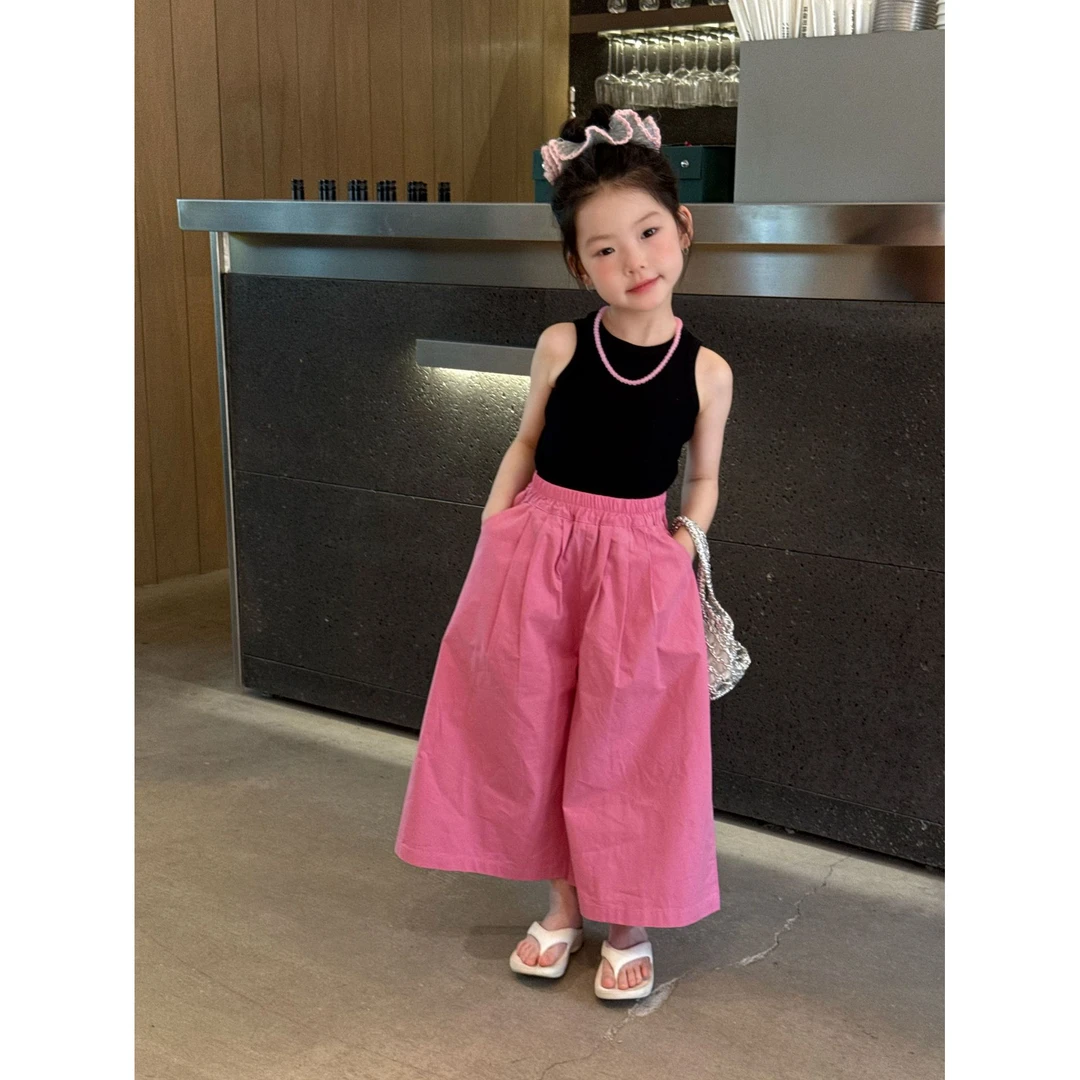 韩版女童夏季新款纯色无袖背心2025宽松休闲可爱洋气阔腿裤两件套