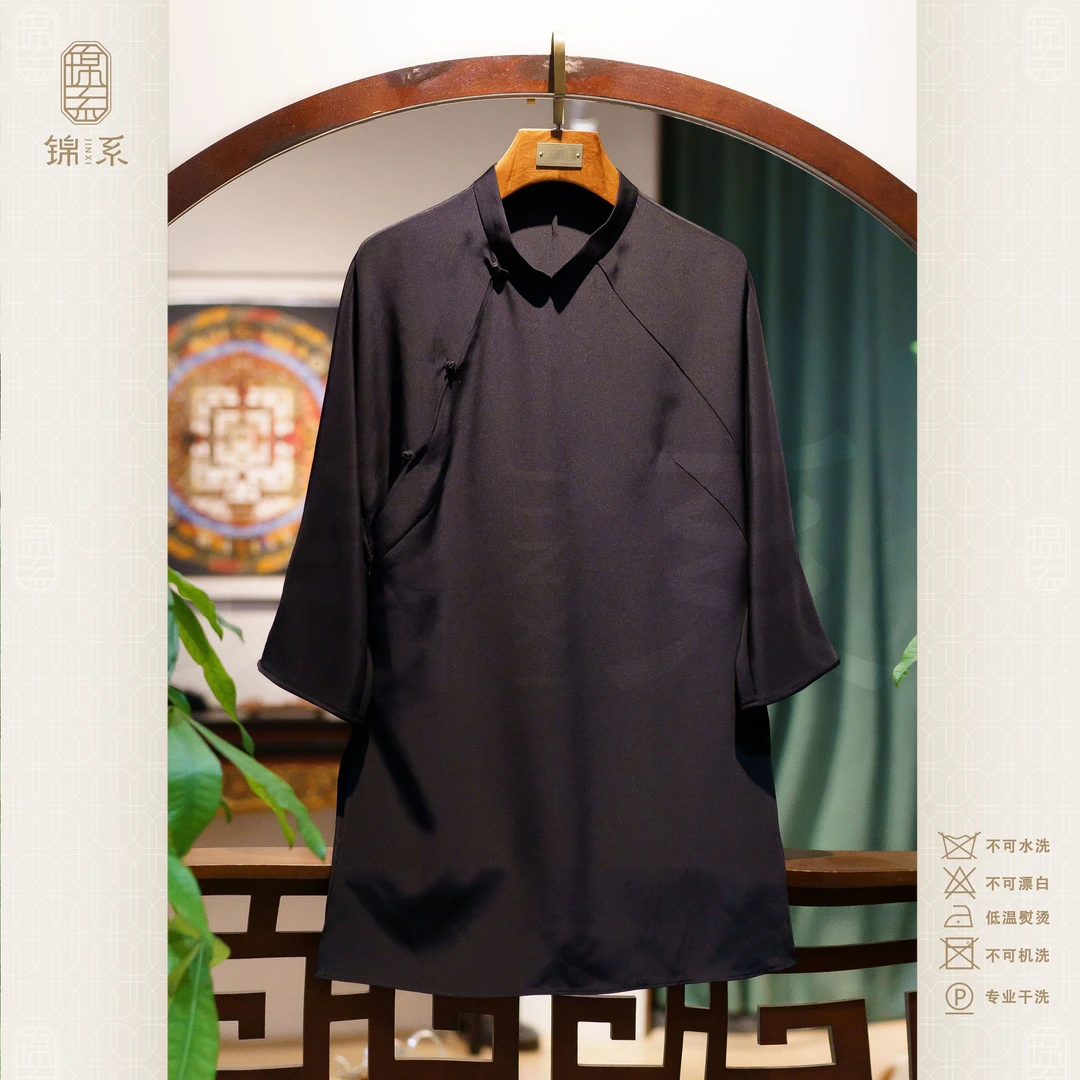 【锦系】28姆米弹力重绉新中式桑蚕丝立领斜襟七分袖上衣C-382763