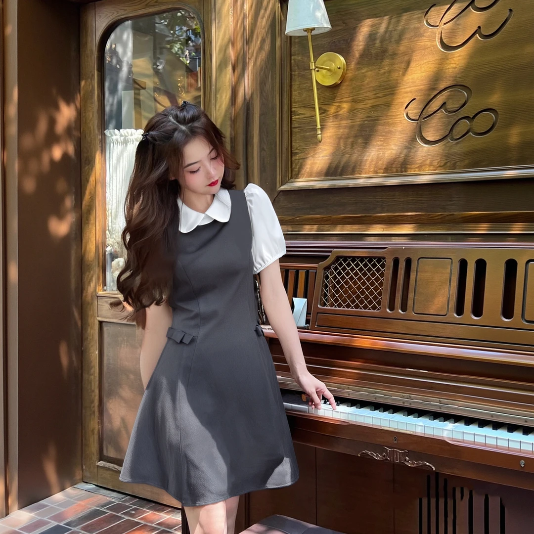 B夏季法式时尚显瘦灰色气质假两件设计多褶娃娃领收腰连衣裙D2045