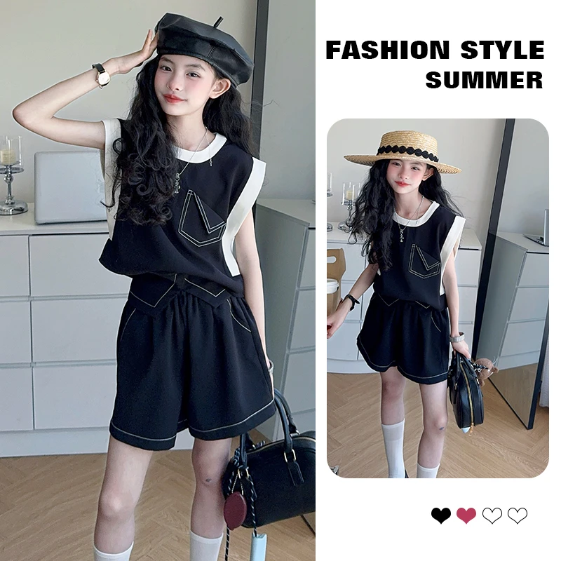 女童夏季假两件套装2025新款儿童撞色无袖上衣休闲短裤夏装两件套