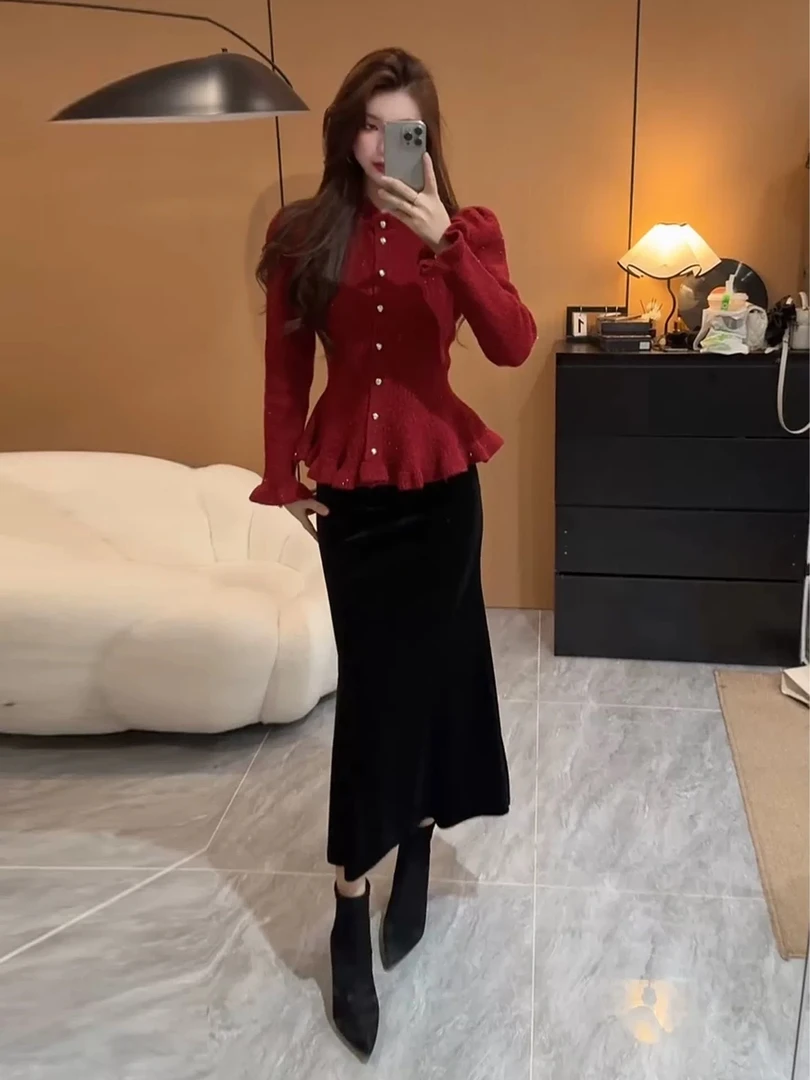 气质简约小女人新款收腰毛衣亮丝荷叶边名媛气质针织开衫显瘦百搭