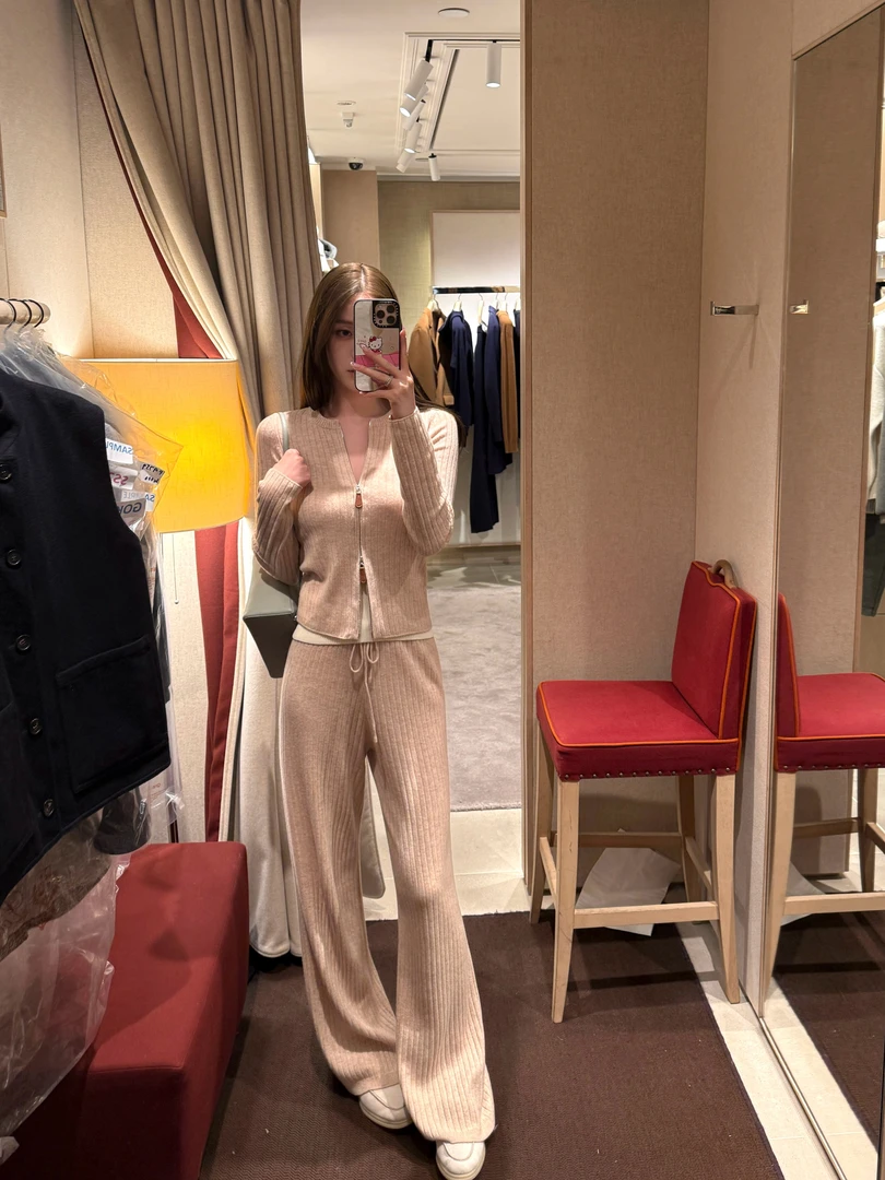 秋季新款慵懒老钱风高级感拉链针织开衫高腰阔腿裤两件套毛衣套装