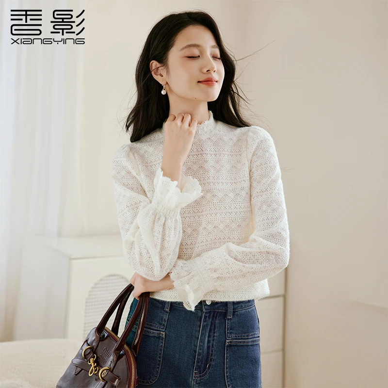S85W407蕾丝衫香影白色蕾丝衫女秋冬新款半高领正肩保暖打底衫