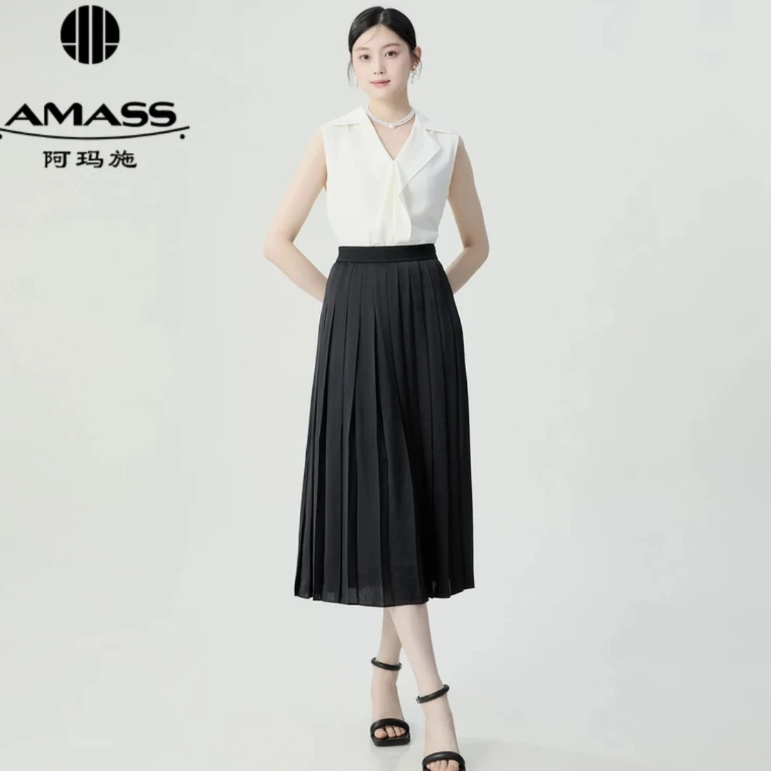 AMASS/阿玛施春夏百搭色丁面感温柔优雅中腰百褶半身裙5200417