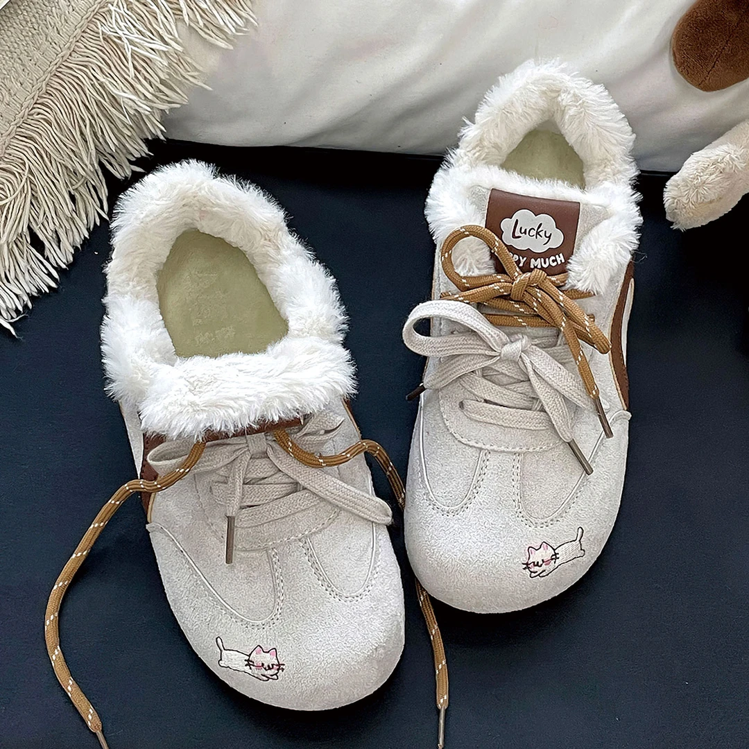 米色低帮加绒保暖时尚青春韩版复古系带潮流港风新款小众休闲板鞋