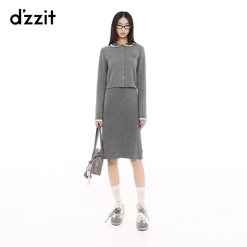 dzzit地素半身裙春秋格雷系中灰色开叉直筒针织裙女3J1E7031E