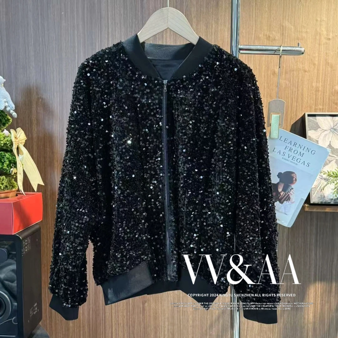 VV&AA 高级感黑色亮片宽松拉链丝绒棒球夹克外套 AB3956