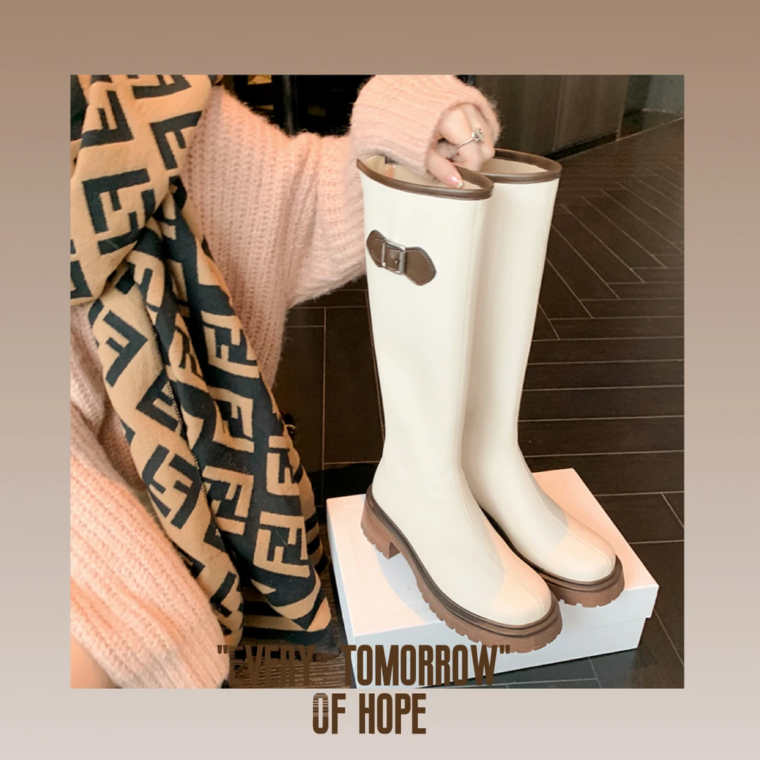 F317/5cm弹力皮装靴长筒弹力靴韩版时尚英伦女秋冬季百搭气质粗跟